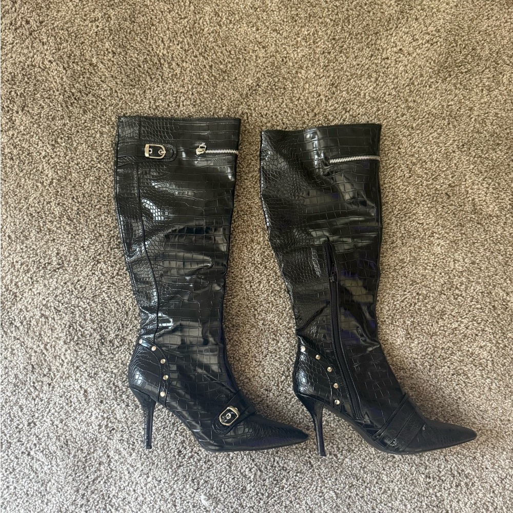 Black Croc Knee-High Heeled Boots